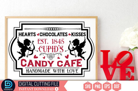 Hearts. chocolates. kisses est. 1845 cupid's candy cafe handmade with love SVG SVG DESIGNISTIC 