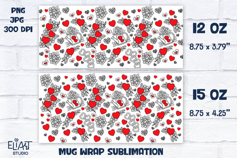 Hearts Mug Sublimation, Valentines Day Full Mug Wrap, Love Sublimation. Sublimation Elinorka 