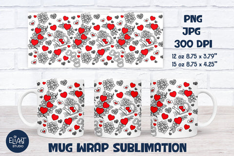 Hearts Mug Sublimation, Valentines Day Full Mug Wrap, Love Sublimation. Sublimation Elinorka 