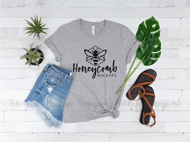 Heather Athletic Bella Canvas 3001 Mockup, Women's Grey T-Shirt Mockup Mock Up Photo Honeycomb Mockups 
