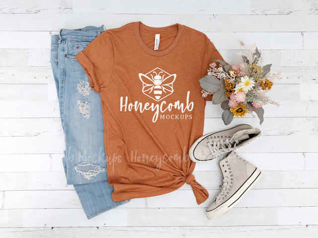 Heather Autumn Bella Canvas 3001 Mockup, Fall T-Shirt Mockup Mock Up Photo Honeycomb Mockups 