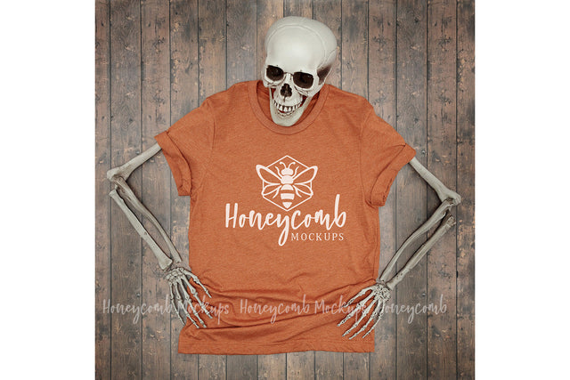Heather Autumn Bella Canvas 3001 Mockup, Halloween Mockup, Women's Orange T-Shirt Mockup, Skeleton Mockup Mock Up Photo Honeycomb Mockups 