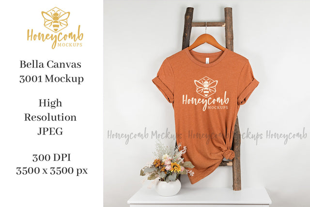 Heather Autumn Bella Canvas 3001 Mockup, Hanging Ladder Mockup, Women's T-Shirt Mockup Mock Up Photo Honeycomb Mockups 