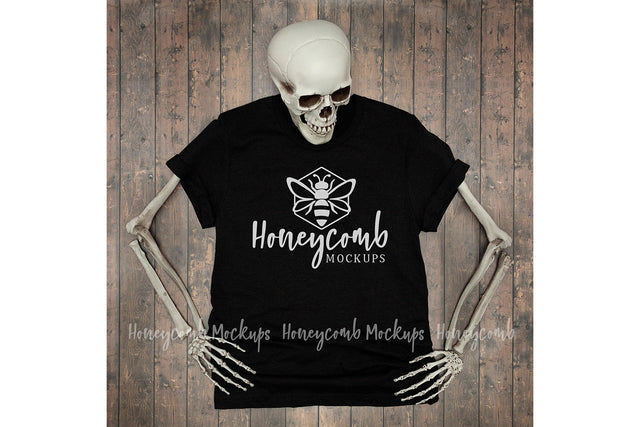 Heather Black Bella Canvas 3001 Mockup, Halloween Mockup, Women's black T-Shirt Mockup, Skeleton Mockup Mock Up Photo Honeycomb Mockups 