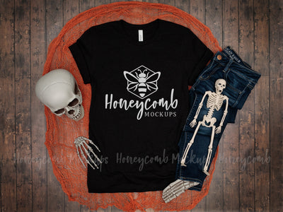 Heather Black Bella Canvas 3001 Mockup, Halloween Mockup, Women's Heather Black T-Shirt Mockup, Skeleton Mockup Mock Up Photo Honeycomb Mockups 