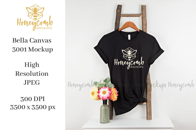 Heather Black Bella Canvas 3001 Mockup, Hanging Ladder Mockup, Women's T-Shirt Mockup Mock Up Photo Honeycomb Mockups 