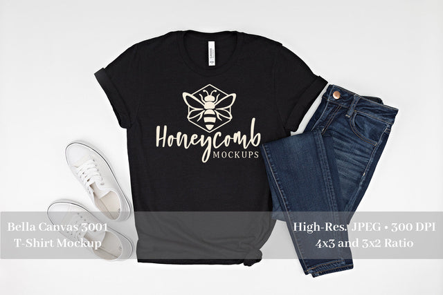 Heather Black Bella Canvas 3001 T-Shirt Mockup, Women's T-Shirt Mockup Mock Up Photo Honeycomb Mockups 