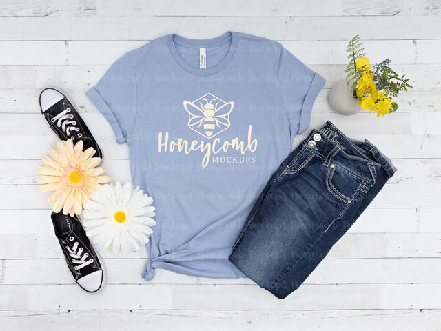 Heather Blue 3001 Bella Canvas Mockup, Blue T-Shirt Mockup Mock Up Photo Honeycomb Mockups 