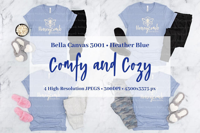 Heather Blue Bella Canvas 3001 Mockup Bundle, Women's Blue T-Shirt Mockup, Comfy and Cozy Mockup Mock Up Photo Honeycomb Mockups 