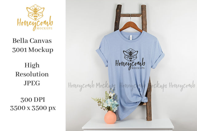 Heather Blue Bella Canvas 3001 Mockup, Hanging Ladder Mockup, Women's T-Shirt Mockup Mock Up Photo Honeycomb Mockups 