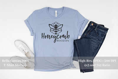 Heather Blue Bella Canvas 3001 T-Shirt Mockup, Women's T-Shirt Mockup Mock Up Photo Honeycomb Mockups 