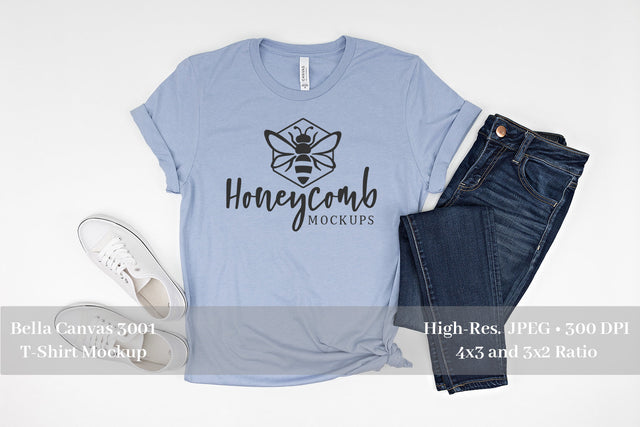 Heather Blue Bella Canvas 3001 T-Shirt Mockup, Women's T-Shirt Mockup Mock Up Photo Honeycomb Mockups 
