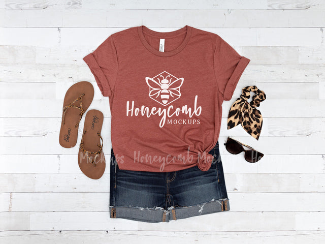 Heather Clay Bella Canvas 3001 Mockup, Women's T-Shirt Mockup Mock Up Photo Honeycomb Mockups 