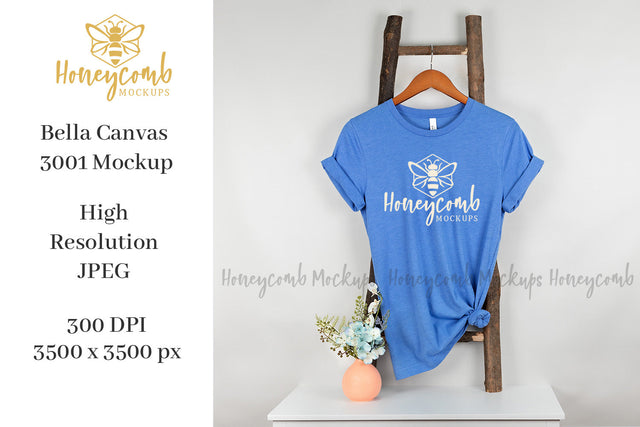 Heather Columbia Blue Bella Canvas 3001 Mockup, Hanging Ladder Mockup, Women's T-Shirt Mockup Mock Up Photo Honeycomb Mockups 