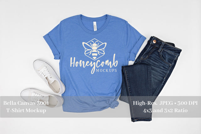 Heather Columbia Blue Bella Canvas 3001 T-Shirt Mockup, Women's T-Shirt Mockup Mock Up Photo Honeycomb Mockups 
