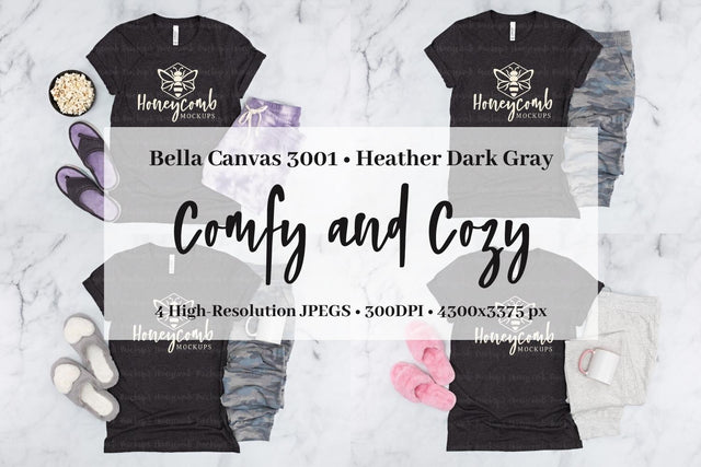 Heather Dark Grey Bella Canvas 3001 Mockup Bundle, Women's T-Shirt Mockup, Comfy and Cozy Mockup Mock Up Photo Honeycomb Mockups 