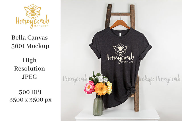 Heather Dark Grey Bella Canvas 3001 Mockup, Hanging Ladder Mockup, Women's T-Shirt Mockup Mock Up Photo Honeycomb Mockups 