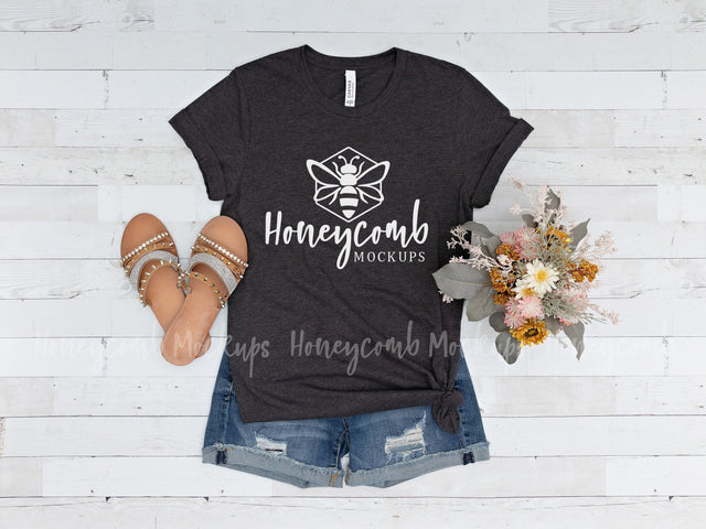 Heather Dark Grey Bella Canvas 3001 Mockup, Women's T-Shirt Mockup Mock Up Photo Honeycomb Mockups 