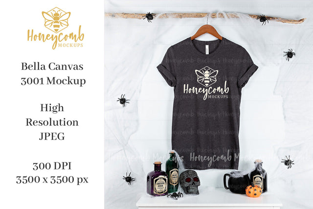 Heather Dark Grey Bella Canvas 3001 T-Shirt Mockup, Halloween Mockup, Hanging Mockup. Heather Dark Grey T-Shirt Mockup Mock Up Photo Honeycomb Mockups 
