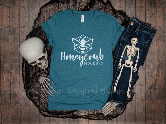 Heather Deep Teal Bella Canvas 3001 Mockup, Halloween Mockup, Women's Teal T-Shirt Mockup, Skeleton Mockup Mock Up Photo Honeycomb Mockups 