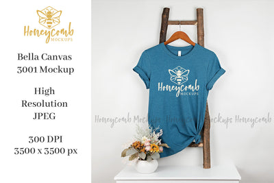Heather Deep Teal Bella Canvas 3001 Mockup, Hanging Ladder Mockup, Women's T-Shirt Mockup Mock Up Photo Honeycomb Mockups 