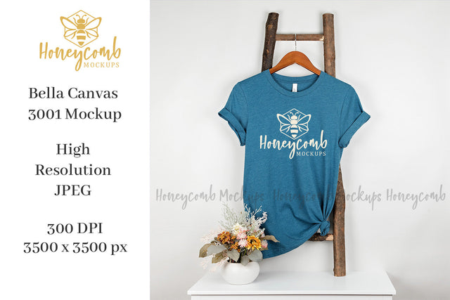 Heather Deep Teal Bella Canvas 3001 Mockup, Hanging Ladder Mockup, Women's T-Shirt Mockup Mock Up Photo Honeycomb Mockups 