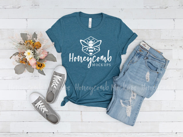Heather Deep Teal Bella Canvas 3001 Mockup, T-Shirt Mockup Mock Up Photo Honeycomb Mockups 