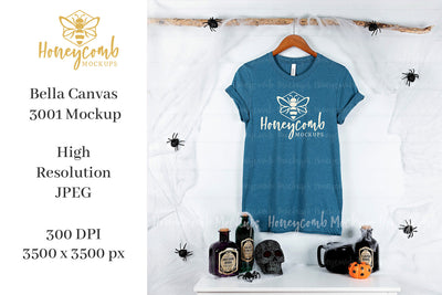 Heather Deep Teal Bella Canvas 3001 T-Shirt Mockup, Halloween Mockup, Hanging Mockup. Heather Deep Teal T-Shirt Mockup Mock Up Photo Honeycomb Mockups 