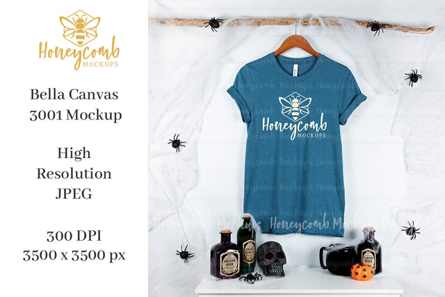 Heather Deep Teal Bella Canvas 3001 T-Shirt Mockup, Halloween Mockup, Hanging Mockup. Heather Deep Teal T-Shirt Mockup Mock Up Photo Honeycomb Mockups 
