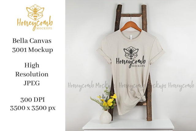 Heather Dust Bella Canvas 3001 Mockup, Hanging Ladder Mockup, Women's T-Shirt Mockup Mock Up Photo Honeycomb Mockups 