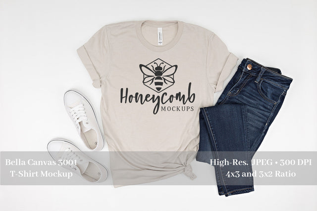 Heather Dust Bella Canvas 3001 T-Shirt Mockup, Women's T-Shirt Mockup Mock Up Photo Honeycomb Mockups 