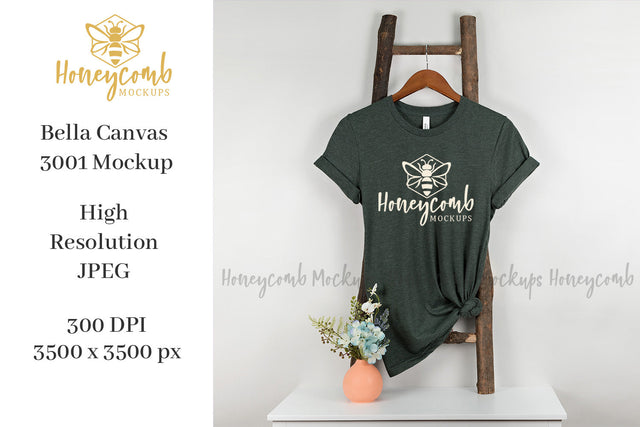 Heather Forest Bella Canvas 3001 Mockup, Hanging Ladder Mockup, Women's T-Shirt Mockup Mock Up Photo Honeycomb Mockups 