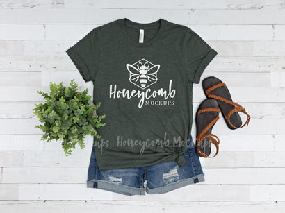 Heather Forest Bella Canvas 3001 Mockup, Women's T-Shirt Mockup Mock Up Photo Honeycomb Mockups 