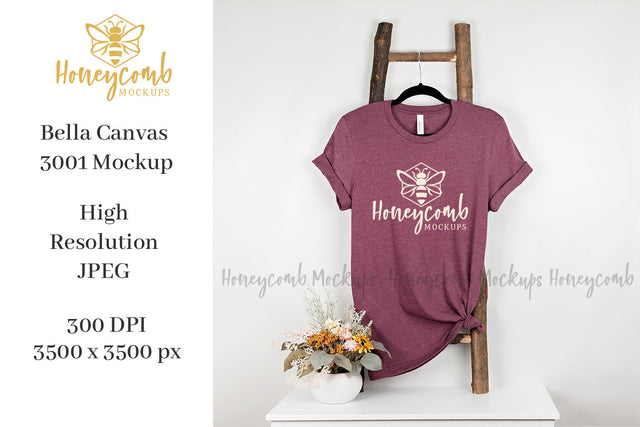 Heather Maroon Bella Canvas 3001 Mockup, Hanging Ladder Mockup, Women's T-Shirt Mockup Mock Up Photo Honeycomb Mockups 