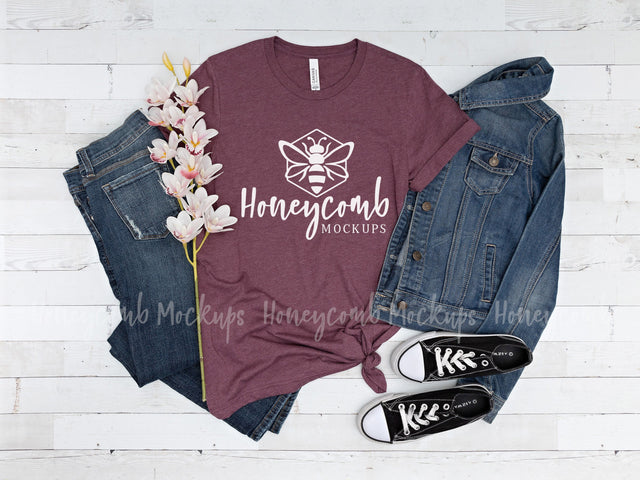 Heather Maroon Bella Canvas 3001 Mockup, Women's T-Shirt Mockup Mock Up Photo Honeycomb Mockups 