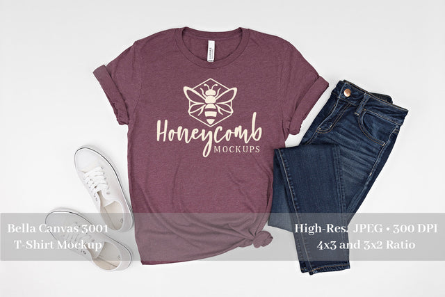 Heather Maroon Bella Canvas 3001 T-Shirt Mockup, Women's T-Shirt Mockup Mock Up Photo Honeycomb Mockups 