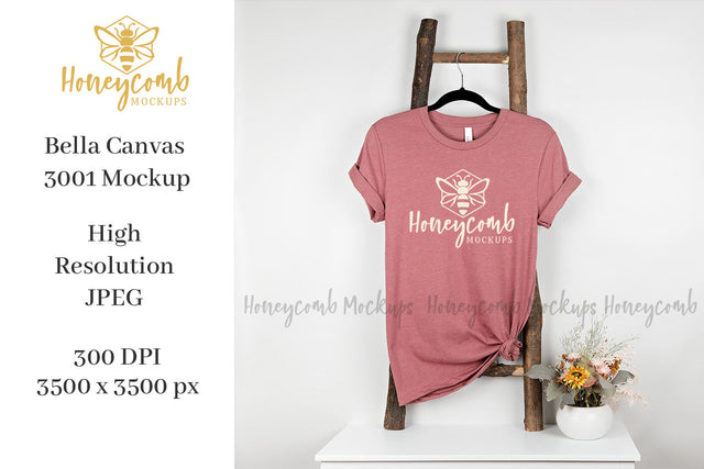 Heather Mauve Bella Canvas 3001 Mockup, Hanging Ladder Mockup, Women's T-Shirt Mockup Mock Up Photo Honeycomb Mockups 