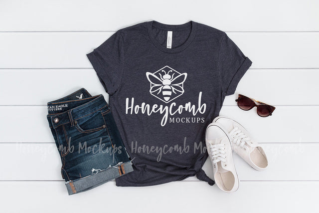 Heather Midnight Navy 3001 Mockup, Bella Canvas Mockup, Summer Mockup, Women's T-Shirt Mockup Mock Up Photo Honeycomb Mockups 