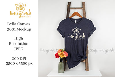 Heather Midnight Navy Bella Canvas 3001 Mockup, Hanging Ladder Mockup, Women's T-Shirt Mockup Mock Up Photo Honeycomb Mockups 
