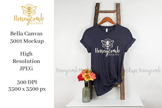 Heather Midnight Navy Bella Canvas 3001 Mockup, Hanging Ladder Mockup, Women's T-Shirt Mockup Mock Up Photo Honeycomb Mockups 