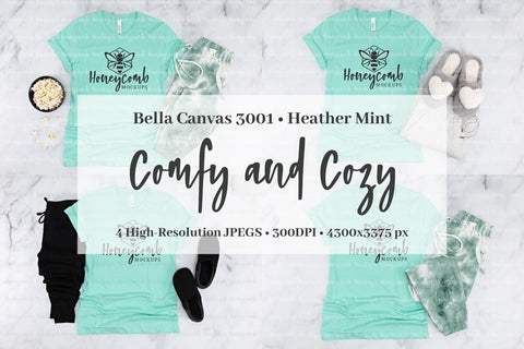 Heather Mint Bella Canvas 3001 Mockup Bundle, Women's T-Shirt Mockup, Comfy and Cozy Mockup Mock Up Photo Honeycomb Mockups 