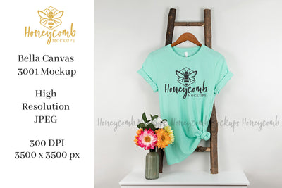 Heather Mint Bella Canvas 3001 Mockup, Hanging Ladder Mockup, Women's T-Shirt Mockup Mock Up Photo Honeycomb Mockups 
