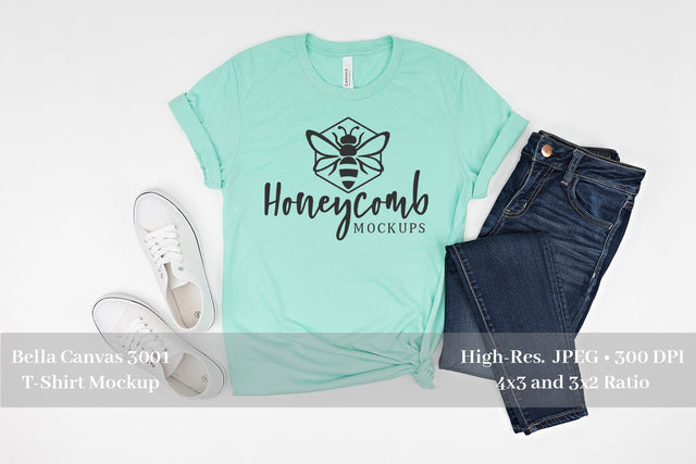Heather Mint Bella Canvas 3001 T-Shirt Mockup, Women's T-Shirt Mockup Mock Up Photo Honeycomb Mockups 