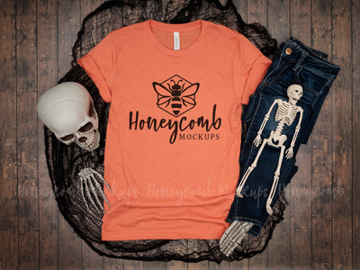 Heather Orange Bella Canvas 3001 Mockup, Halloween Mockup, Women's Heather Orange T-Shirt Mockup, Skeleton Mockup Mock Up Photo Honeycomb Mockups 