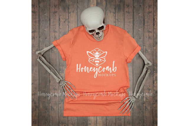 Heather Orange Bella Canvas 3001 Mockup, Halloween Mockup, Women's Orange T-Shirt Mockup, Skeleton Mockup Mock Up Photo Honeycomb Mockups 