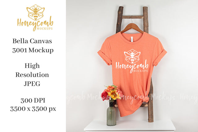 Heather Orange Bella Canvas 3001 Mockup, Hanging Ladder Mockup, Women's T-Shirt Mockup Mock Up Photo Honeycomb Mockups 