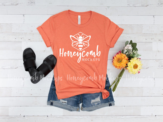Heather Orange Bella Canvas 3001 Mockup, Orange T-Shirt Mockup Mock Up Photo Honeycomb Mockups 
