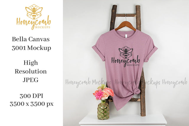 Heather Orchid Bella Canvas 3001 Mockup, Hanging Ladder Mockup, Women's T-Shirt Mockup Mock Up Photo Honeycomb Mockups 