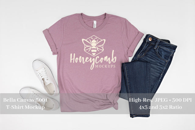 Heather Orchid Bella Canvas 3001 T-Shirt Mockup, Women's T-Shirt Mockup Mock Up Photo Honeycomb Mockups 
