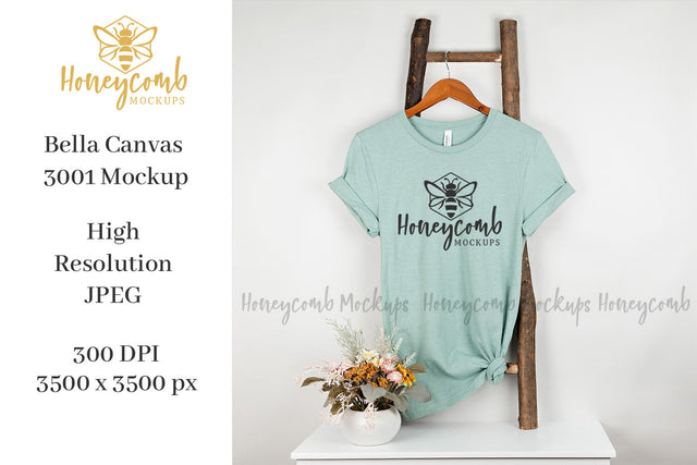 Heather Prism Dusty Blue Bella Canvas 3001 Mockup, Hanging Ladder Mockup, Women's T-Shirt Mockup Mock Up Photo Honeycomb Mockups 